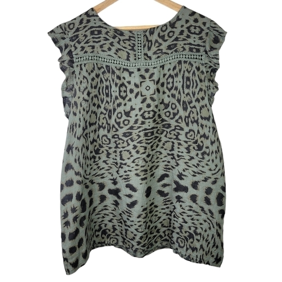 Lungo L'Arno Linen Animal Print Sleeveless Top Ruffle Green 1X NEW - Picture 1 of 9